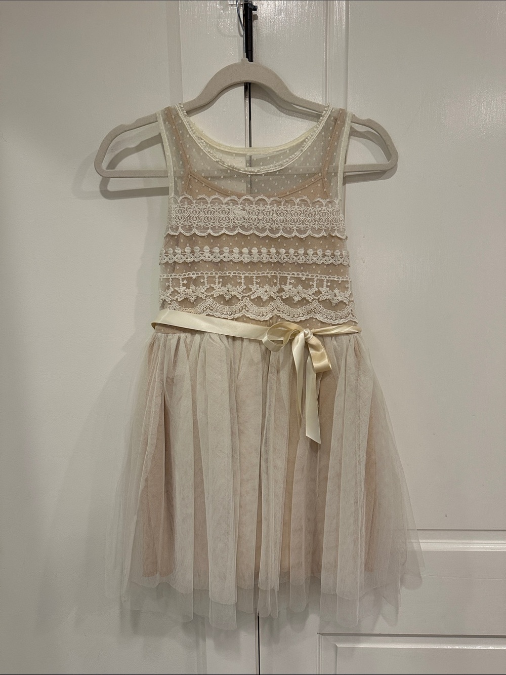 Girls' Cream Lace & Tulle Party Dress with Satin Bow